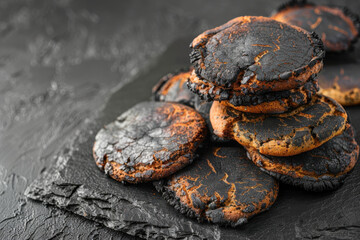 A stack of overcooked, burnt cookies on a dark slate surface, highlighting a baking mishap with a charred appearance.