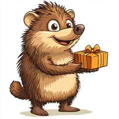 Cartoon Hedgehog Holding a Gift Box with a Cheerful Expression, Perfect for Celebratory Designs and Children's Art Projects