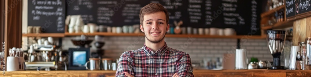 Leinwandbilder a smiling young man stands in a caf? with a wooden counter and menu board in the background.