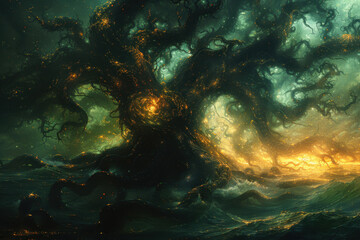 Fototapeta premium is a fantastic scene with a giant tree-like creature immersed in a mystical atmosphere. 