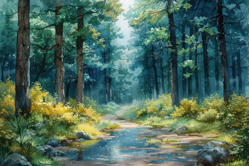 Obraz premium watercolor of forest with ancient trees 