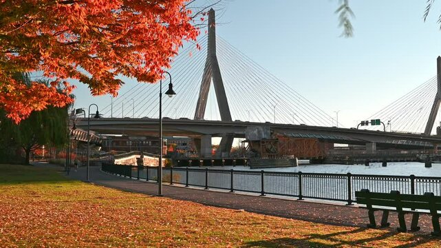 The iconic architecture of Boston in Massachusetts, USA showcasing the famous Zakim bridge spanning over the memorable Charles river on a sunny autumn morning.