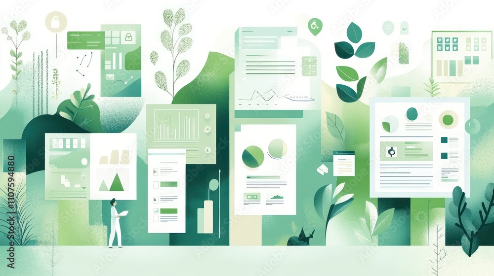 Poster a vibrant illustration depicting data and analytics with green-themed visuals and nature elements.
