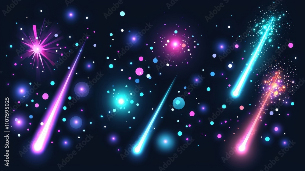 Poster an artistic session involving digital creation, with neon beams intersecting under a starry sky.