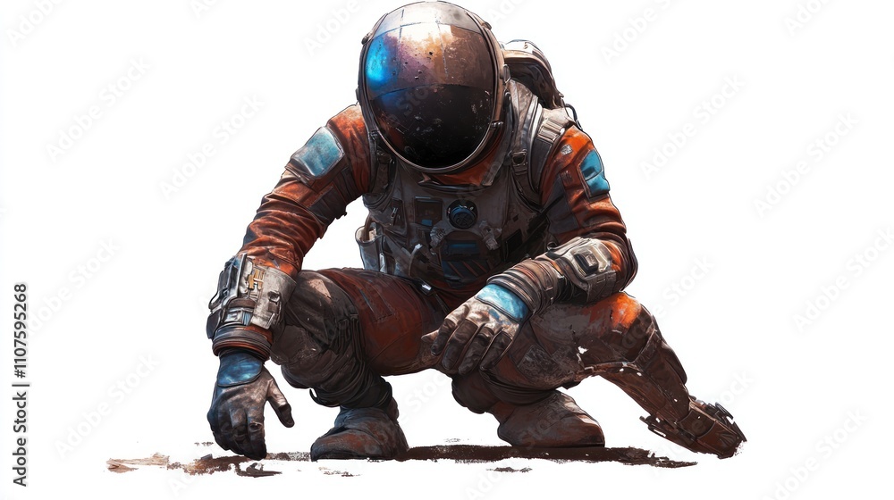 Poster an astronaut crouches on an alien surface, examining the ground with curiosity.