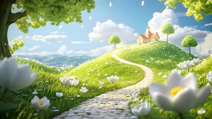 3D Cartoon Style Fantasy Flower Meadow Background