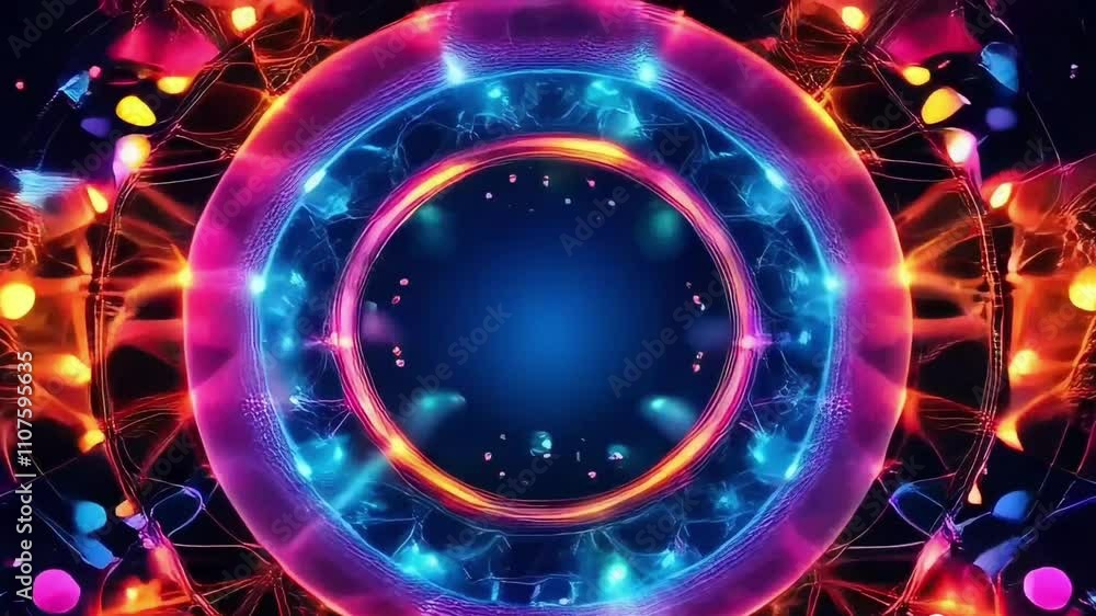 Poster glowing abstract background with neon blue circles and wave patterns in a dark space featuring energ