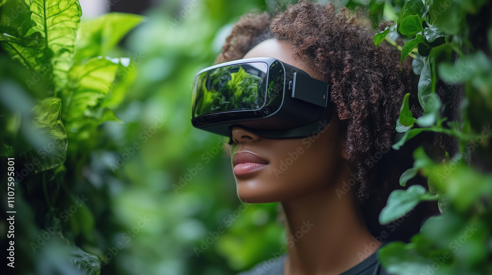 Aufkleber exploring virtual reality in a lush green environment during a sunny day. generative ai