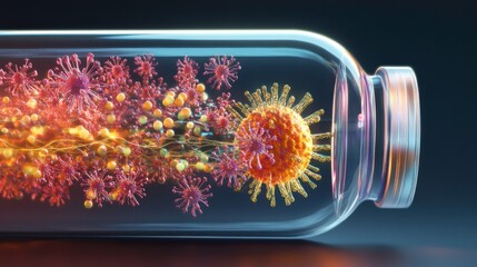 Creative depiction of a transparent vial filled with vibrant and colorful viruses, showcasing intricate details of microbial life and their dynamic interactions within a glass container.