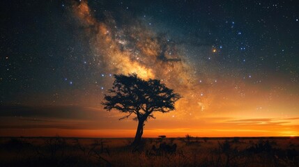 Stars Horizon. African Night Landscape with Stunning Colors of Dawn in Kgalagadi Transfrontier Park, Africa