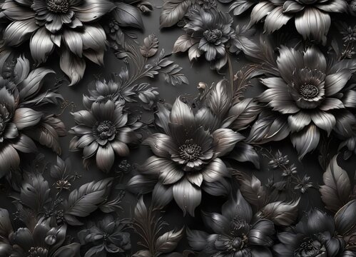Fototapeta Glamorous charcoal and metallic floral wallpaper pattern, glamour, home decor, elegant