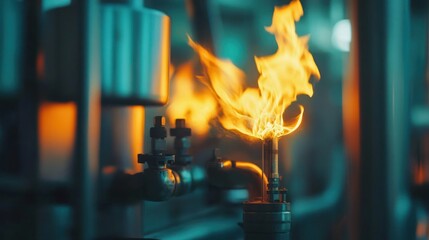 Close-up of gas flaring equipment, capturing the glow of the fuel refining process