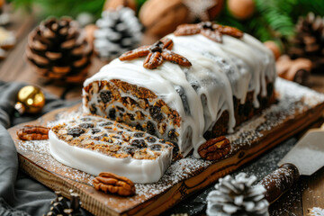 Delicious holiday fruitcake topped with white icing, garnished with nuts and dried fruits, perfect for festive celebrations.