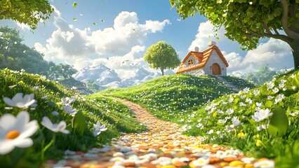 3D Cartoon Style Fantasy Flower Meadow Background