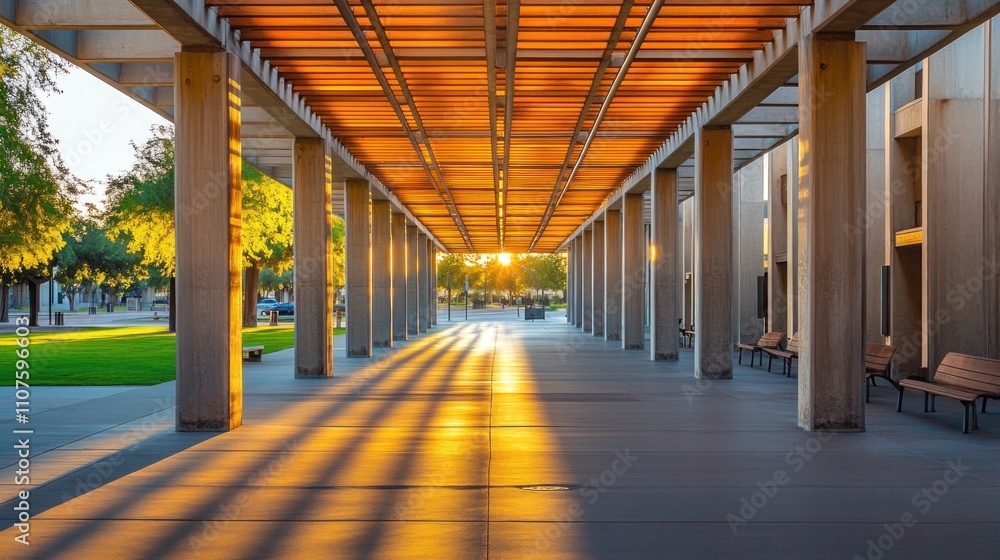 Poster a sunlit corridor with columns and benches, creating a serene outdoor space.