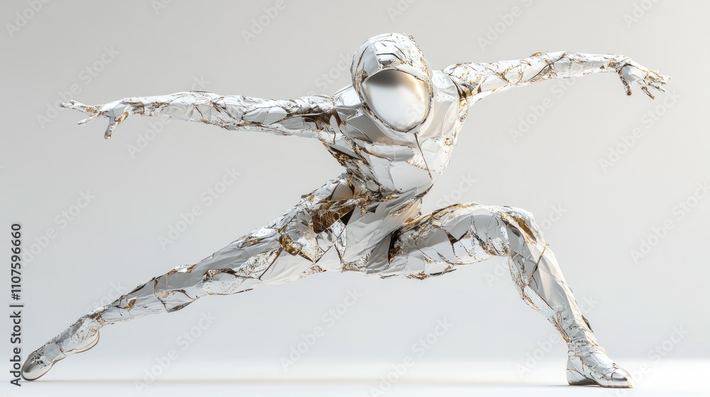 Poster a stylized, abstract figure in a dynamic pose, showcasing a futuristic design.
