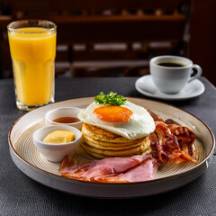Indulgent Brunch with Fresh Juice Espresso and Pancakes