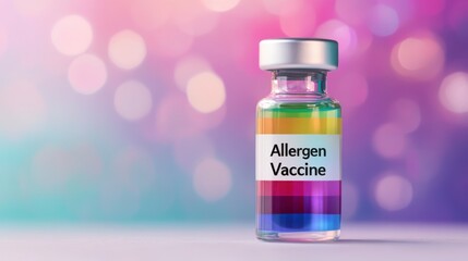 Vibrant Glass Vaccine Vial for Allergen Treatment with Colorful Gradient Background Reflecting Modern Healthcare and Allergy Awareness Concepts