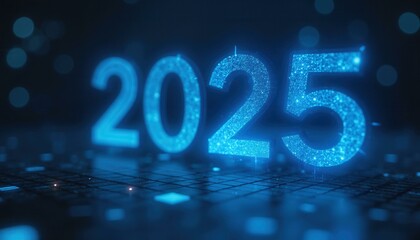Glowing Blue 2025 New Year Futuristic Digital Numbers Concept