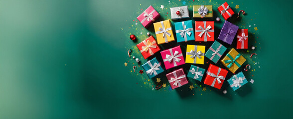 Obraz premium A Festive Gift Boxes in the occasion of celebration, This title captures the essence of the holiday season with a touch of sparkle and celebration. Merry Christmas Background ,