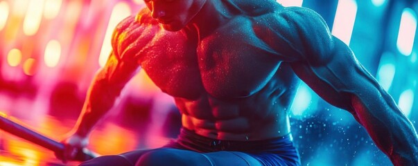 Dynamic shot of a muscular man exercising with intense focus, highlighted by vibrant neon lights and glistening sweat. Musculature and Fitness concept.