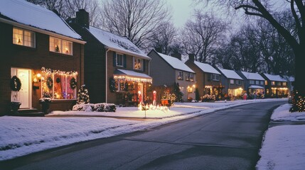 Fototapeta premium Charming snowy suburban street during Christmas season with festive houses decorated with glowing lights and wreaths, creating a cozy holiday atmosphere at dusk.