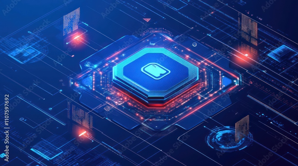 Poster a digital representation of a microchip with glowing circuits and data elements.