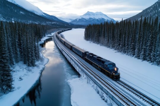 A train travels gracefully alongside a frozen river, with the towering mountains creating a dramatic backdrop, offering a stunning view of winter majesty and adventure.
