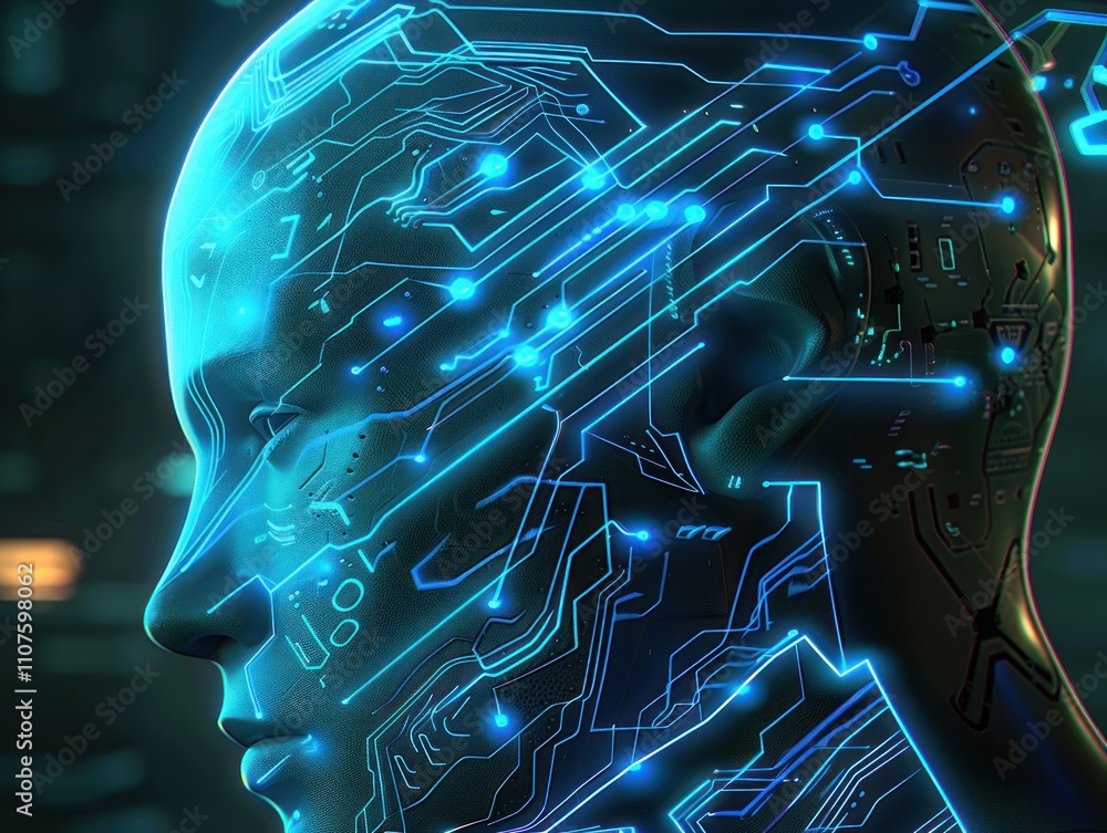 Poster a futuristic representation of a humanoid head with glowing circuitry patterns.