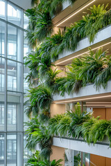 Fototapeta premium Modern indoor vertical garden with lush green ferns adorning multiple levels of a building. Natural light streams through large glass windows, creating a refreshing and eco-friendly space. 