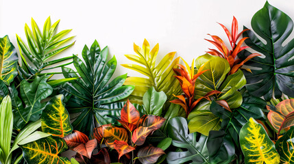 Obraz premium Tropical Leaves and Foliage Arrangement: A floral arrangement featuring tropical leaves and foliage on a white background.