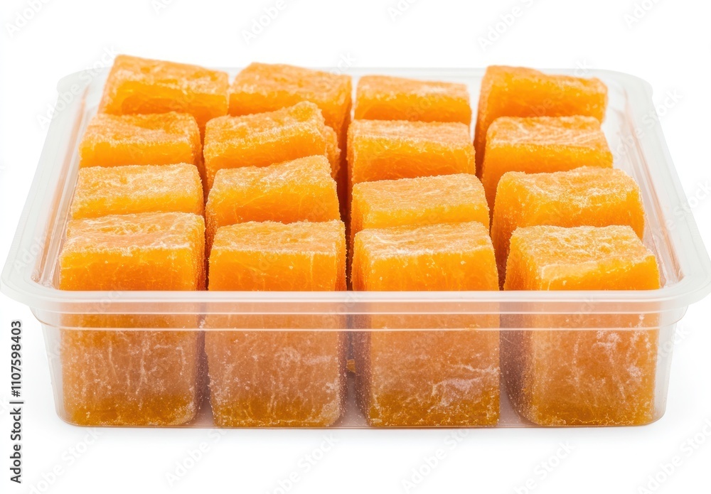 Poster a clear container filled with rectangular orange jelly-like cubes.