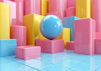 Obraz premium A 3D render featuring an abstract design with spheres, torus, tubes, and cones in metallic blue and pink, depicting a realistic primitive composition with flying shapes in motion, isolated on a