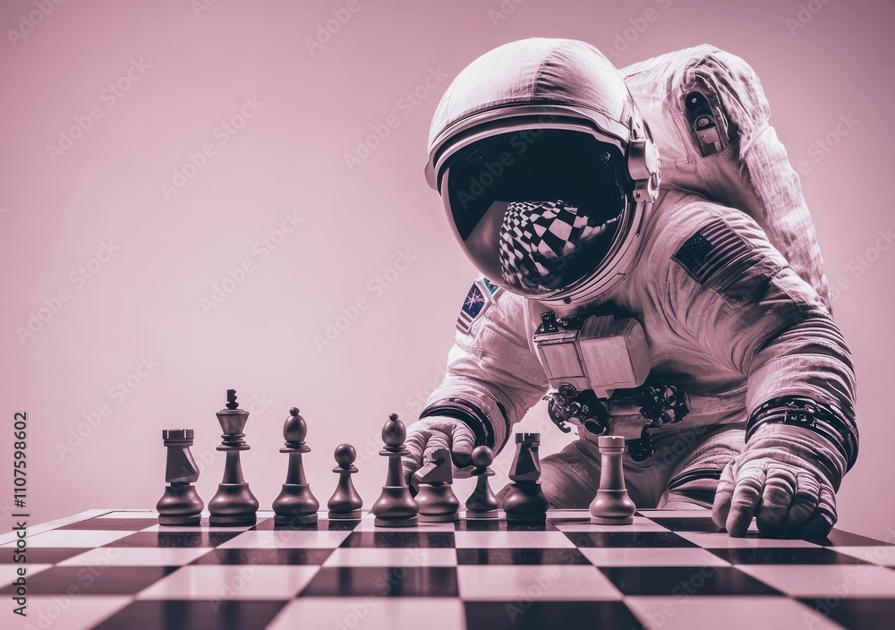 Aufkleber an astronaut plays chess on a checkered board, reflecting a surreal blend of science and leisure.