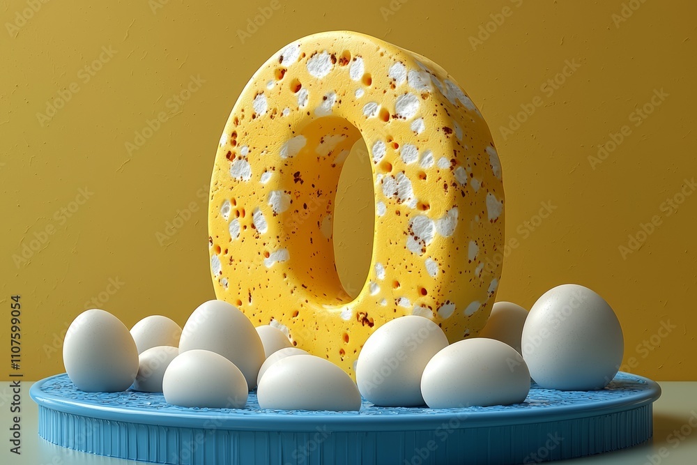 Poster a 3d composition with a blue background, adorned with multicolored geometric forms and objects.