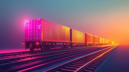 Fototapeta premium Vibrant Train Containers at Sunset Horizon Visual
