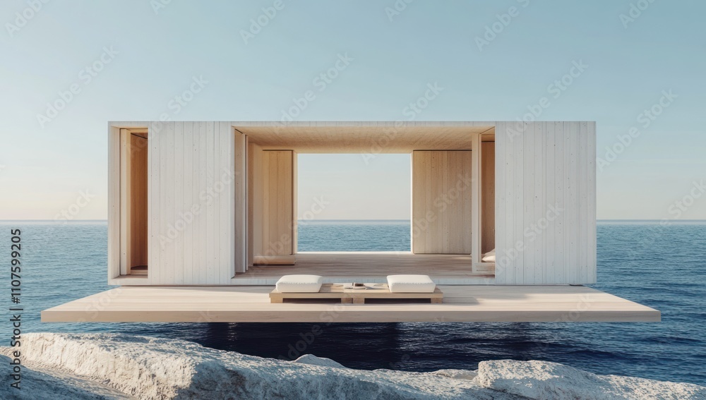 Poster modern architectural structure on a rocky platform over water, emphasizing minimalism and serenity.