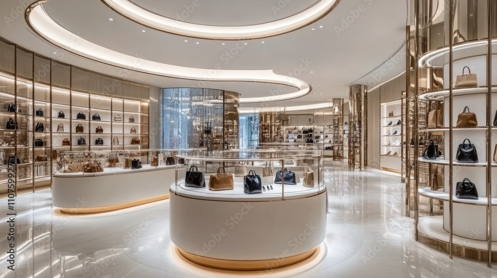 Poster a luxurious boutique showcasing an array of designer handbags in an elegant setting.