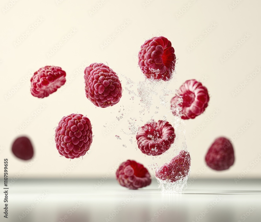 Poster floating raspberries splashing in water, creating a dynamic and refreshing visual.
