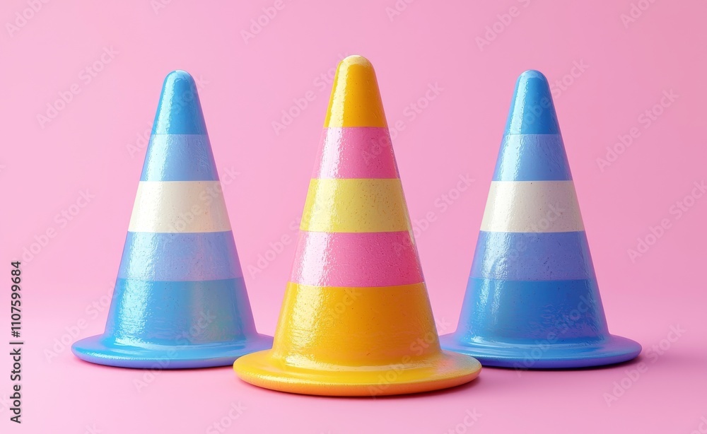 Poster a 3d rendering displays an abstract background featuring cones, basic geometric shapes, pastel hues,