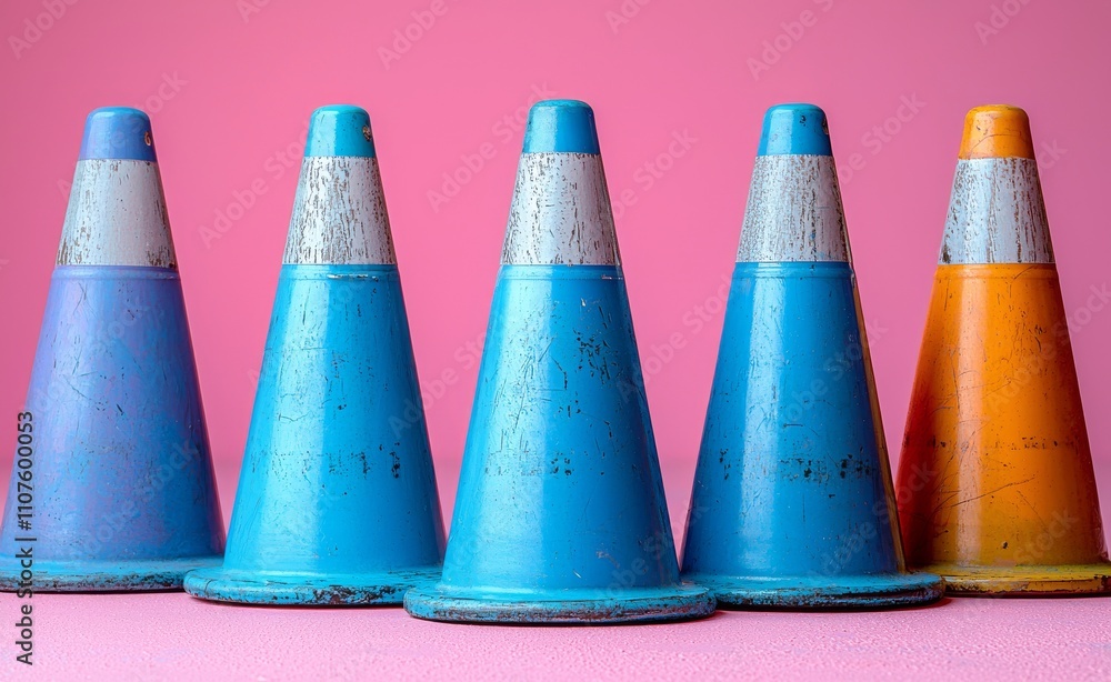 Poster a plain backdrop featuring cones, basic geometric forms, soft hues, a straightforward mockup, minima