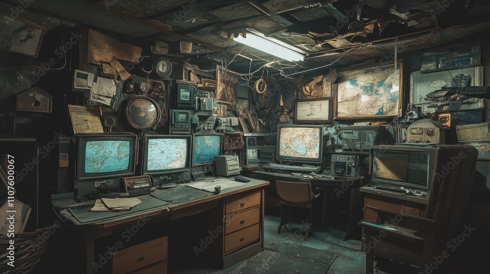 Poster a cluttered room filled with vintage computers and maps, suggesting a research or monitoring purpose