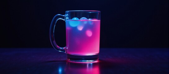 A neon-glowing synthwave-style mug featuring a futuristic cocktail glass design