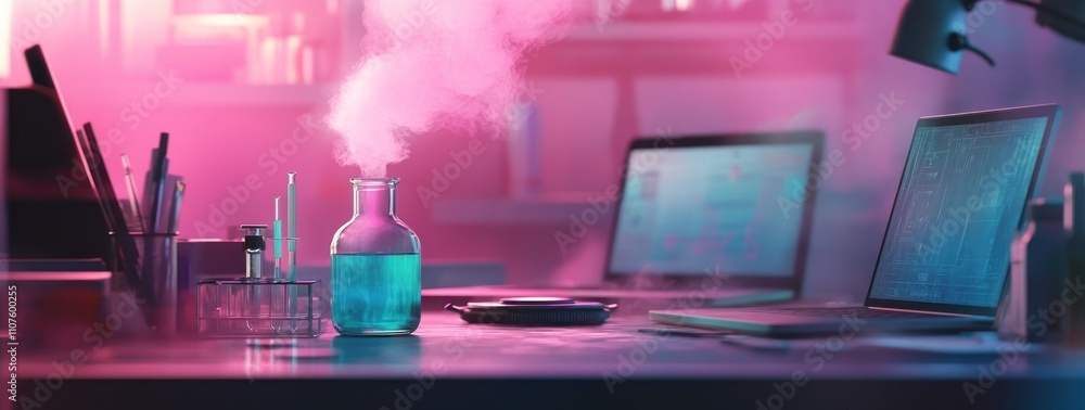 Aufkleber a laboratory scene with a glowing flask emitting vapor, surrounded by laptops and tools.