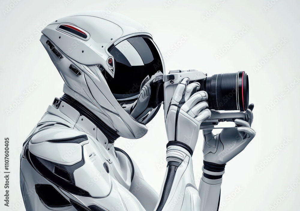 Poster a futuristic robot photographer capturing images with a professional camera.
