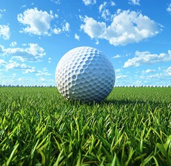 A 3D image of a golf ball, isolated on a plain white background.