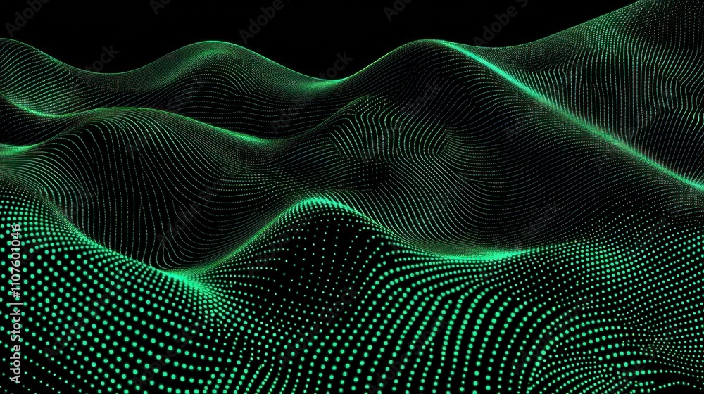 Aufkleber abstract digital landscape with flowing waves and glowing dots in green tones.