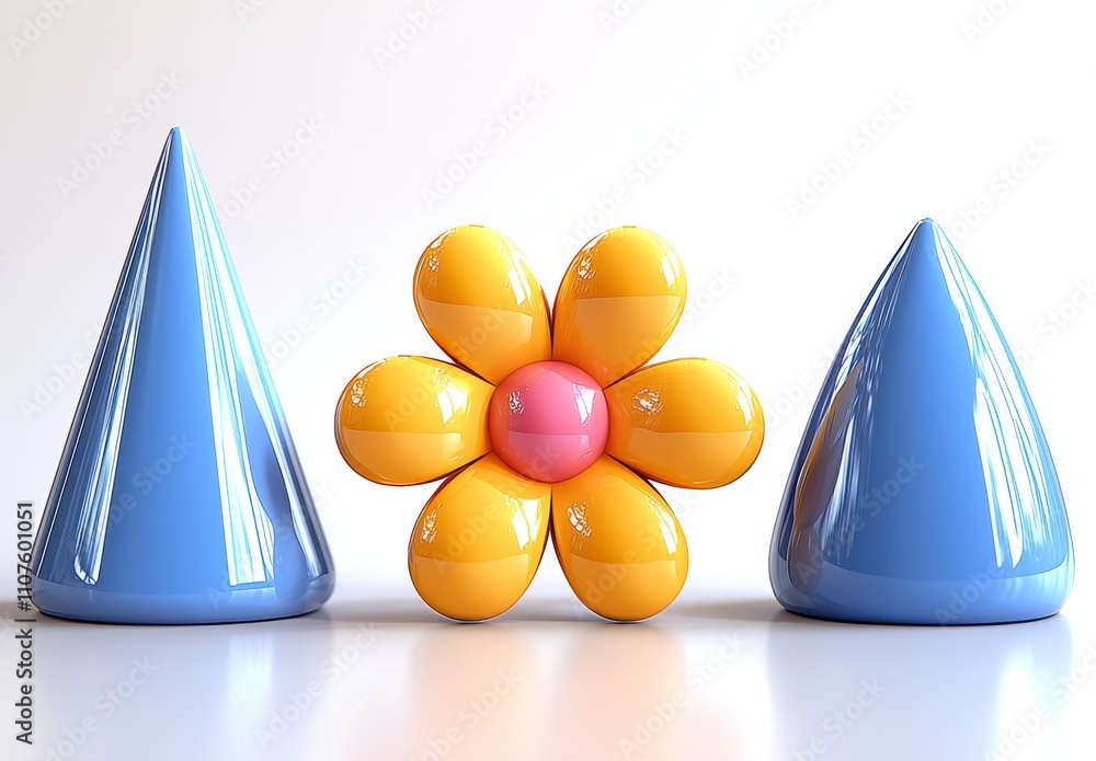 Poster a realistic rendering of 3d objects adorned with purple geometric shapes, isolated on a white backgr