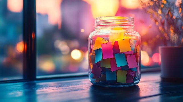 Colorful sticky notes jar on table home office evening glow