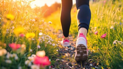 Sunset Stroll Through Blooming Meadow: A Woman's Peaceful Walk